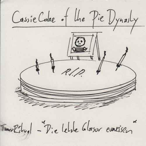 Drawn in ink, a cake with the letters "R.I.P.", a framed portrait, and above the underlined heading "Cassie Cake of the Pie Dynasty"