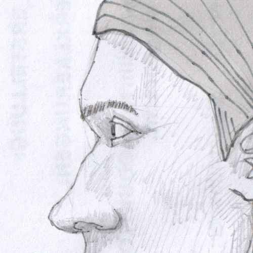 A cropped portion of a face drawn from the side with pencil, centered around the eye
