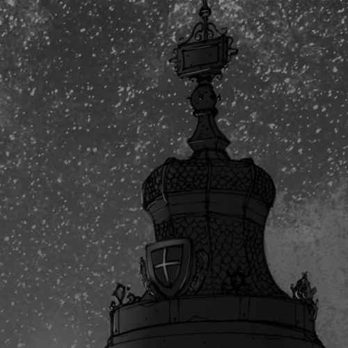 An ornamented, round, segmented tin roof of sorts, with the crest of vienna and an illegible plaquette further up, against a starry sky