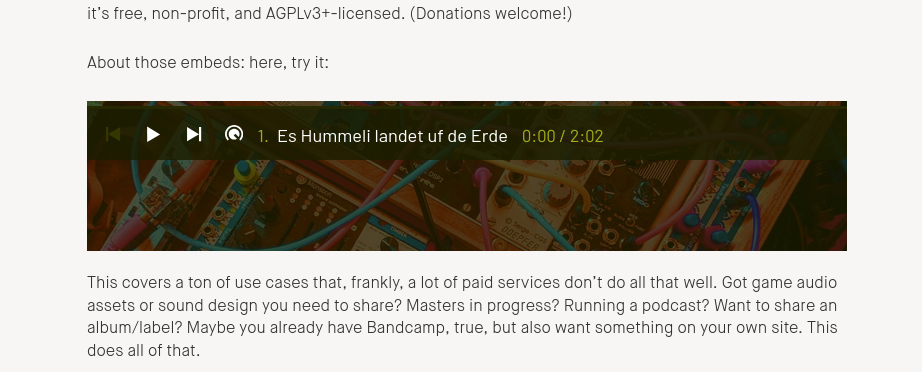 A faircamp player embedded in an article, where there is notable extra space especially below the player
