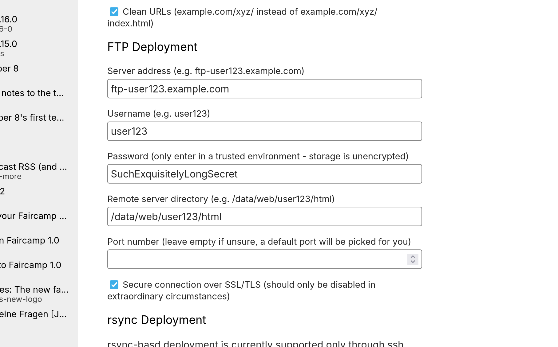 Screenshot of the new FTP deployment configuration dialog:

FTP Deployment
Server address (e.g. ftp-user123.example.com)
Username (e.g. user123)
Password (only enter in a trusted environment - storage is unencrypted)
Remote server directory (e.g. /data/web/user123/html)
Port number (leave empty if unsure, a default port will be picked for you)