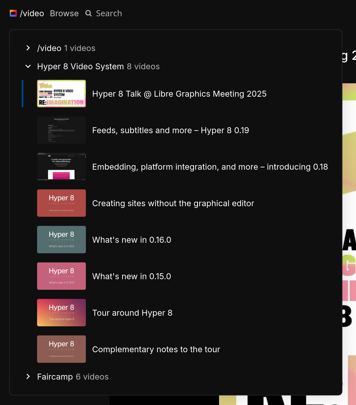 Screencapture of the dark variant of the interface with browse panel open.
Each group (collection or playlist) in the browse panel features a caret/chevron which signals
the collapsed/expanded state of its videos.