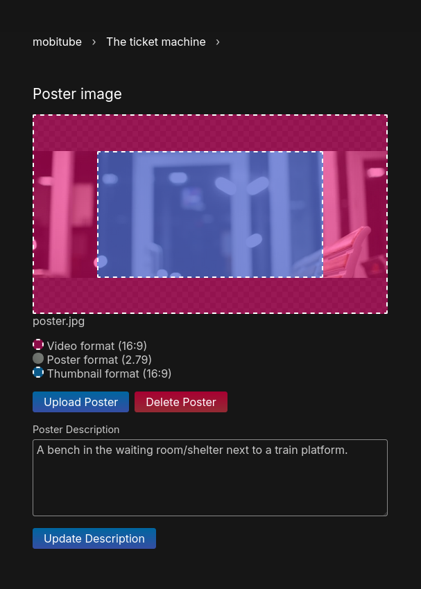 Poster image form in the Hyper 8 editor: Different colored rectangles
(pink, blue, image) are overlaid to visualize their differing aspect ratios
and how they are cropped against each other. Additionally there are textual
descriptions like "Video dimensions (9:16)" and "Thumbnail dimensions(16:9)"