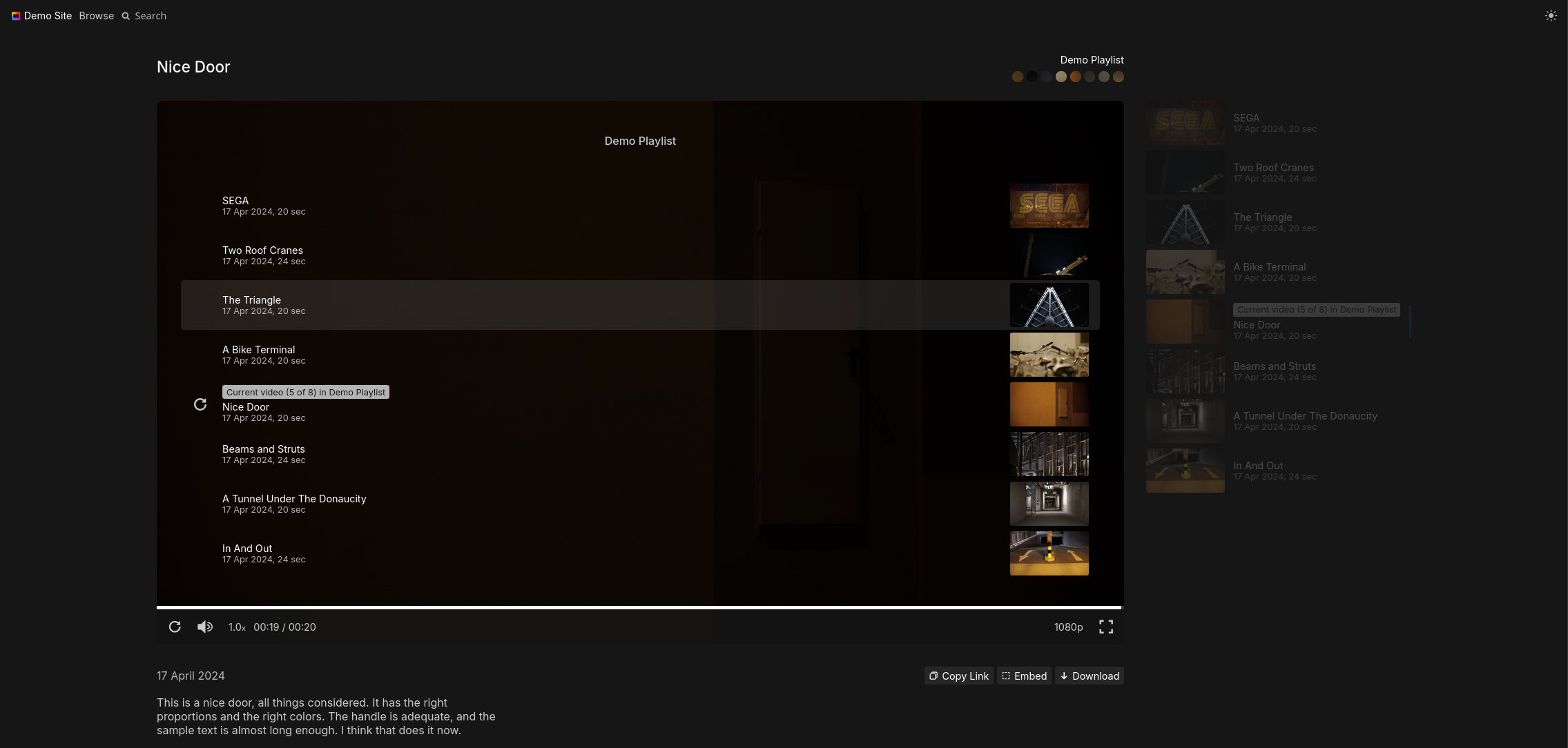 A video player in which the video has finished. It is now showing a list of videos (the playlist), including thumbnails, titles, durations, release dates, inside the player viewport.