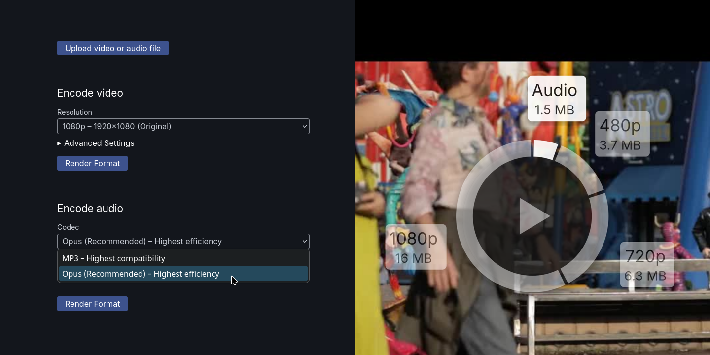 A screenshot of Hyper 8's video player intro overlay in which you select the
resolution that you want to watch the video in, but extended with another
entry that is labelled "Audio" and indicates a much smaller size (1.5MB)
than all the other video options around (which go from 3.7MB to 16MB)