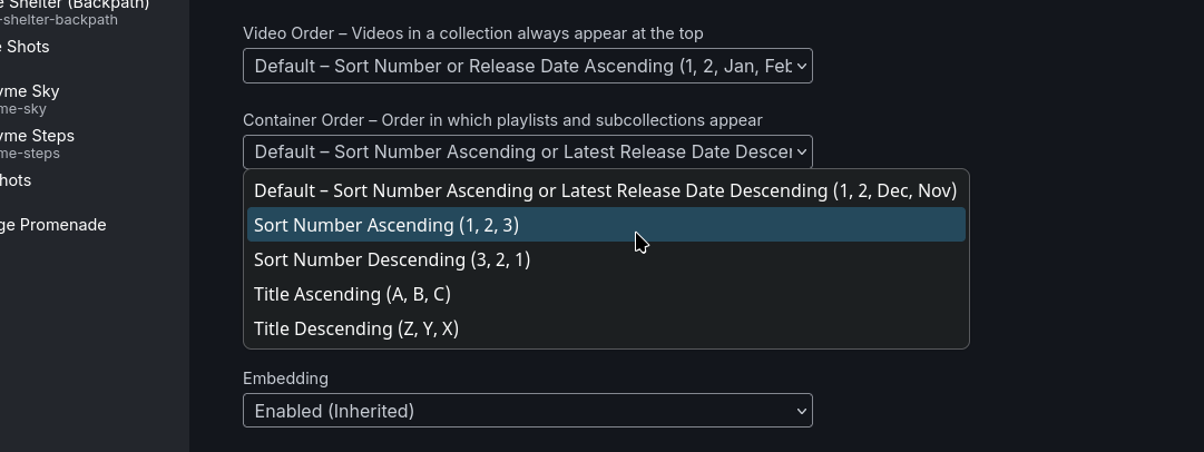 Screenshot of the editor showing a new form field in the collection settings.
It's label is "Container Order – Order in which playlists and subcollections appear".
The available options are:
- Default – Sort Number Ascending or Latest Release Date Descending (1, 2, Dec, Nov)
- Sort Number Ascending (1, 2, 3)
- Sort Number Descending (3, 2, 1)
- Title Ascending (A, B, C)
- Title Descending (Z, Y, X)
