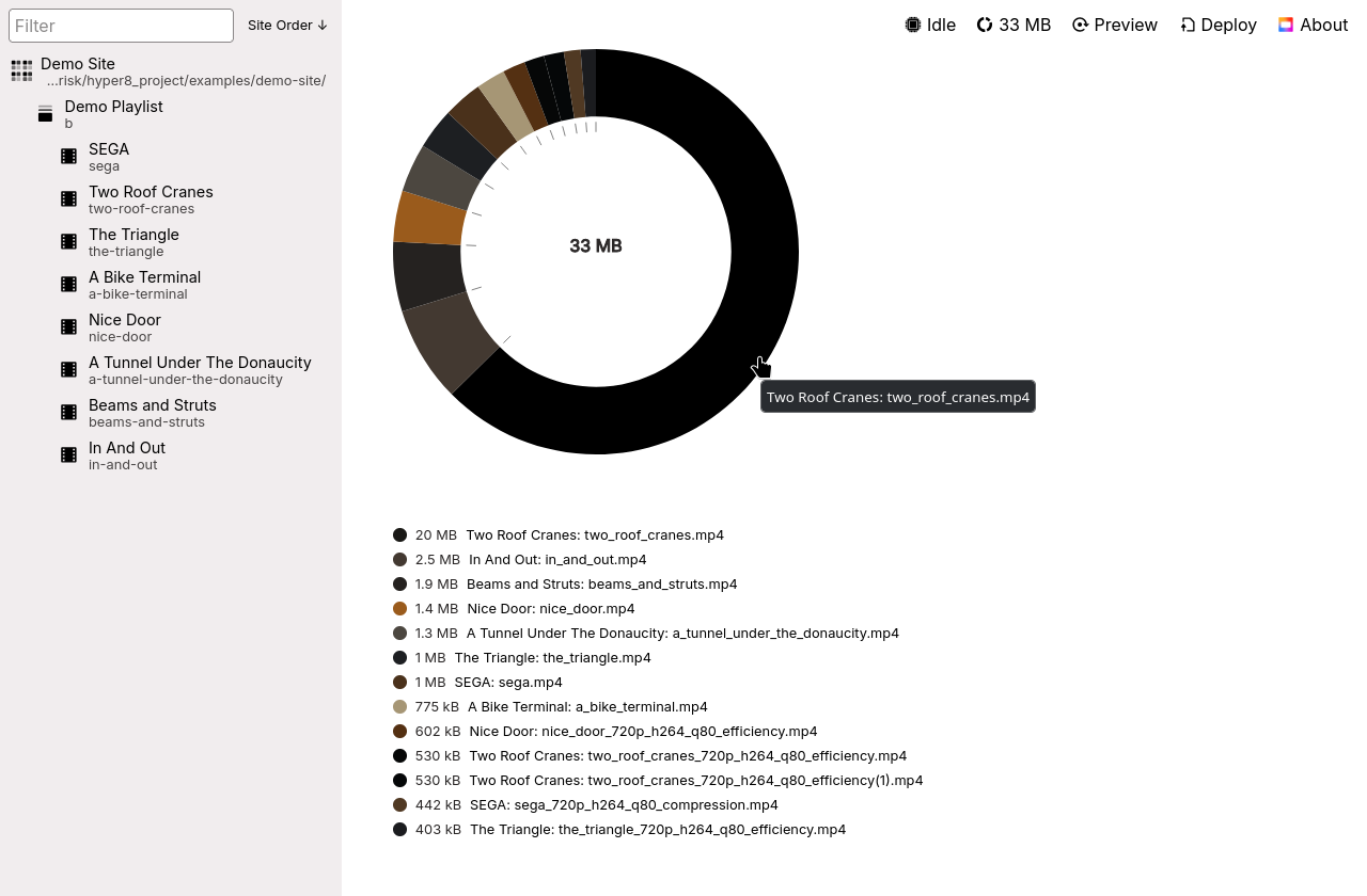 Subpage in the editor that shows a circular diagram that arranges colorful slices
on a ring to visualize the sizes of video files in relation to each other. One of them
is hovered by the cursor, revealing a tooltip that indicates the name of the video file.

Below is a legend with the written out stats, going like this:

20 MB Two Roof Cranes: two_roof_cranes.mp4
2.5 MB In And Out: in_and_out.mp4
1.9 MB Beams and Struts: beams_and_struts.mp4
etc. (around ten more entries are shown)