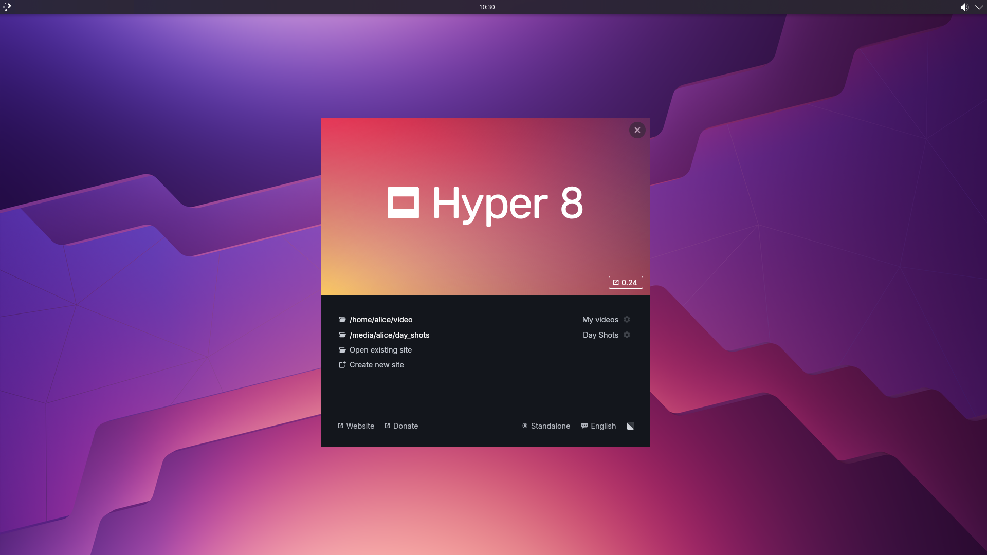 The new graphical launcher on an empty deskop. The upper half features a
colorful mesh gradient with the Hyper 8 logo and the version information. The
bottom half lists existing sites, allows browsing for an existing or creating
a new site, allows changing the editor mode, language and theme, as well as
providing a link for the website and for donations