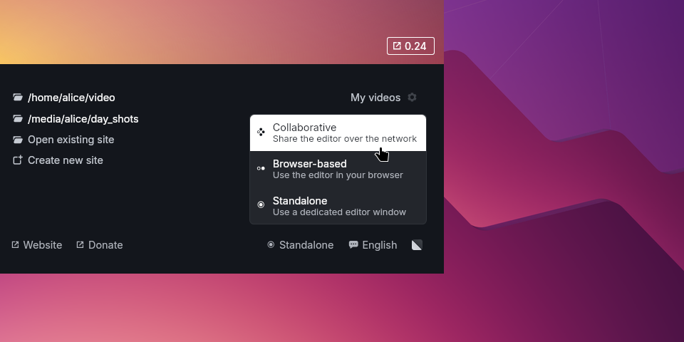 The editor mode selector opened in the graphical launcher, with its three options
"Standalone", "Browser-based" and "Collaborative"