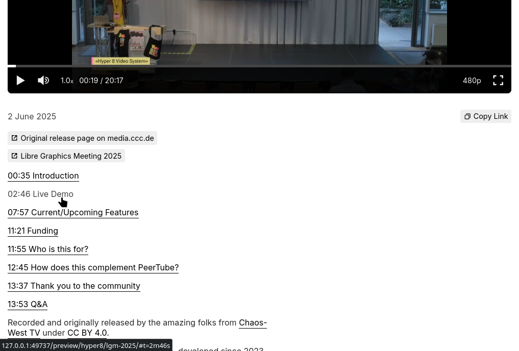 A screenshot showing the text description for a video which contains a list of timecodes
with labels such as "02:46 Live Demo". The link that is being hovered by the cursor shows
the target url in the bottom-left corner, which ends in "#t=2m46s".