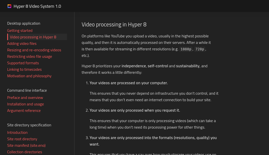 Screenshot of the documentation page, which provides numerous new pages like
"Video processing in Hyper 8", "Command line interface preface and overview"
or "Motivation and philosophy"