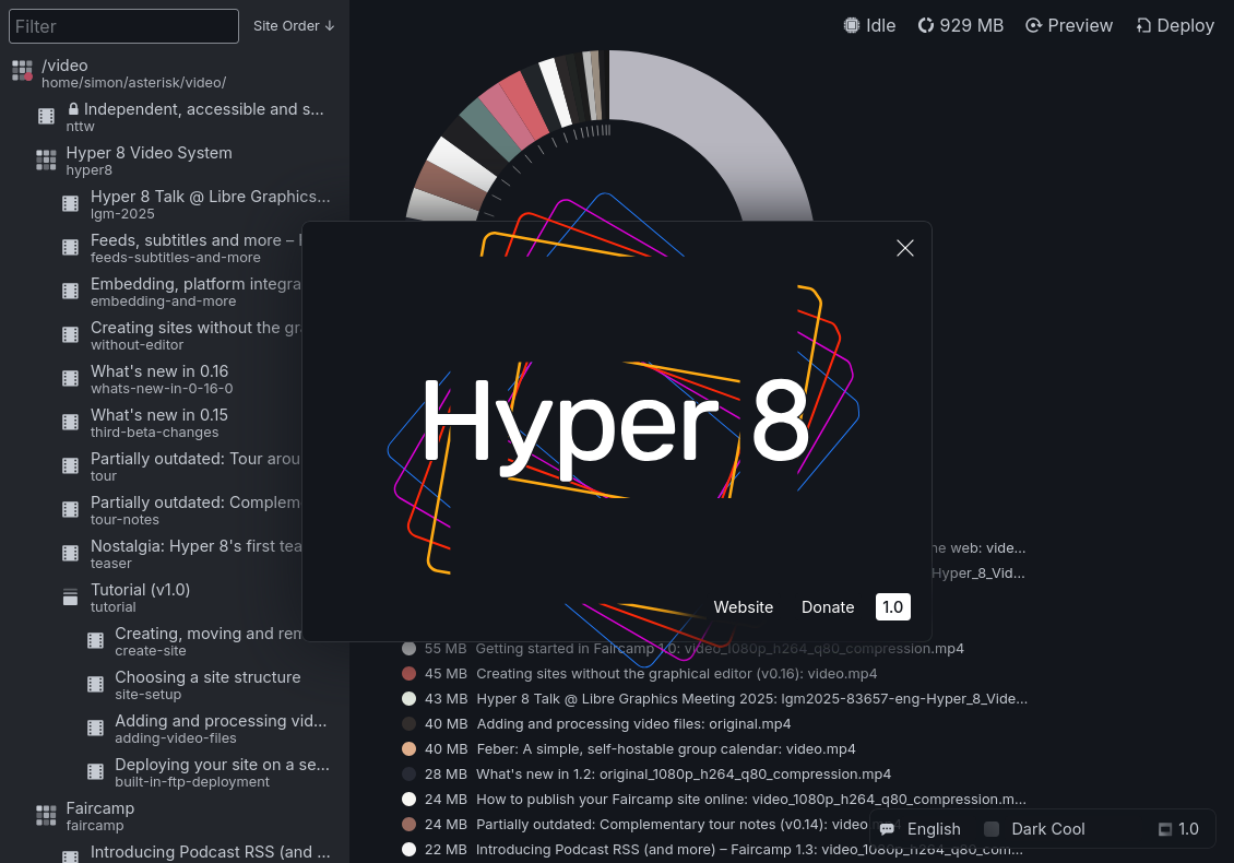 The new in-editor splash screen which features the colorful logo/splash graphics
from the launcher, but is otherwise reduced to the version display (1.0 here)
and website and donation links.