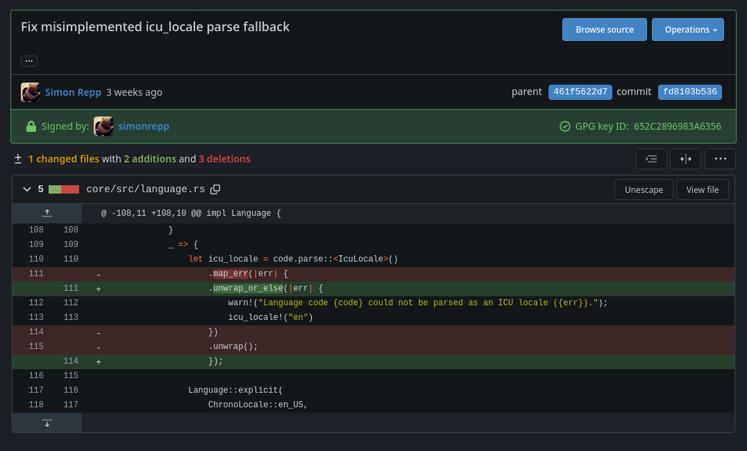 Screenshot from a commit detail view on codeberg where a simple 2-3 line
bugfix is shown in a git diff.