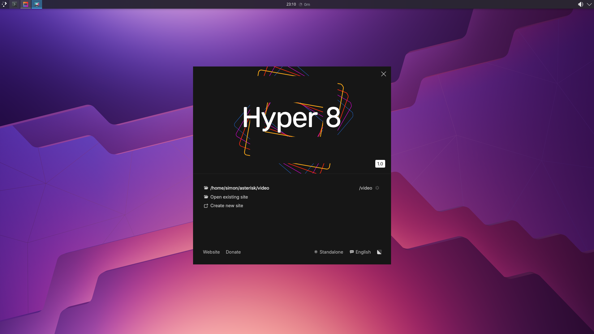 Hyper 8 splash graphics in the launcher (dark version). It features the Hyper 8 typographical logo overlaid on colorful, varyingly rotated lines that are clipped against an invisible logo silhouette (a slide frame) positioned centrally behind the logo.