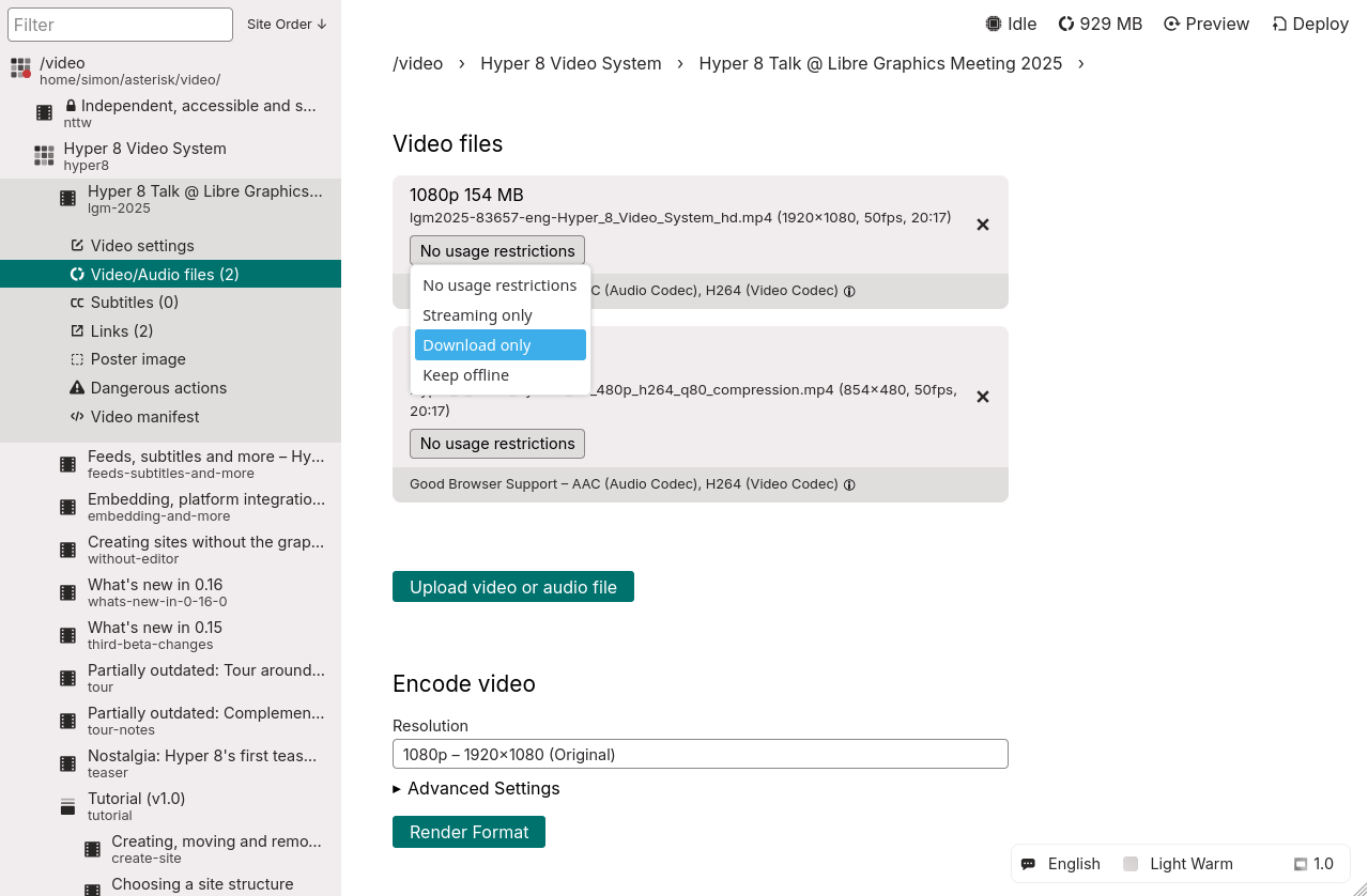 Screenshot from the Video/Audio files subpage in the Hyper 8 editor. The two
video file entries present on the page feature a drop-down setting that by
default says "No usage restrictions" but can be switched to "Streaming
only", "Download only" and "Keep offline" alternatively.