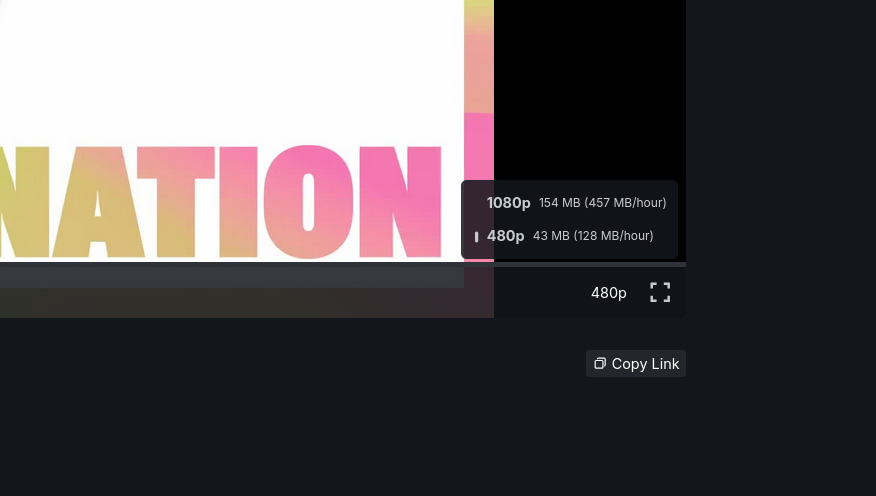The bottom-right corner of the Hyper 8 video player. The video version selector is
open and shows two versions (1080p and 480p). In addition to the overall size of
the files (154MB and 43MB) the menu now also displays a per-hour metric, in this 
case 457 MB/hour for the 1080p version and 128 MB/hour for the 480p version.
