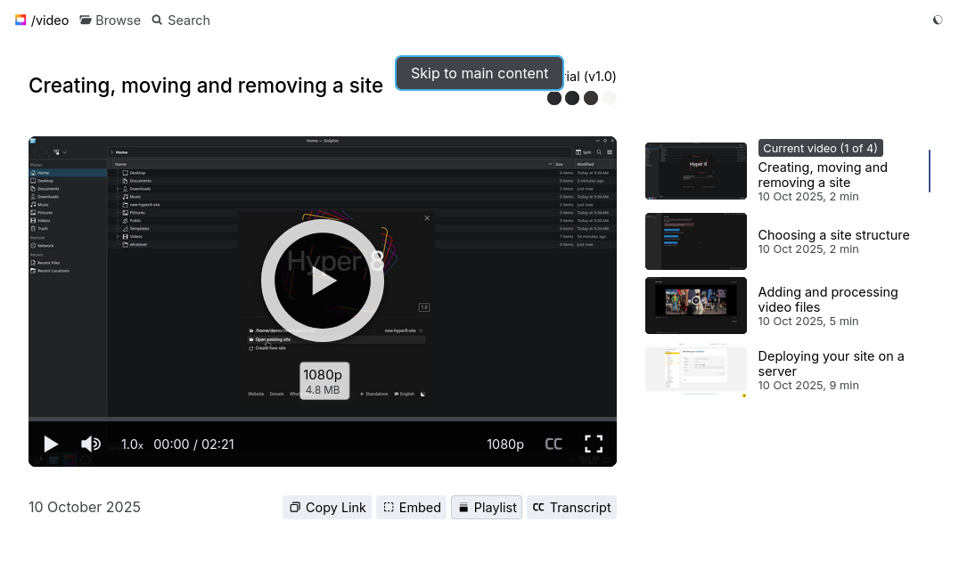Screenshot of a Hyper 8 video page where towards the top an overlay is visible
and indicated as focused which says "Skip to main content"