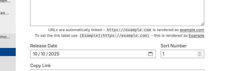 The description field in the Hyper 8 editor now features a text that reads:
URLs are automatically linked - https://example.com is rendered as example.com
To set the link label use [Example](https://example.com) - this is rendered as Example