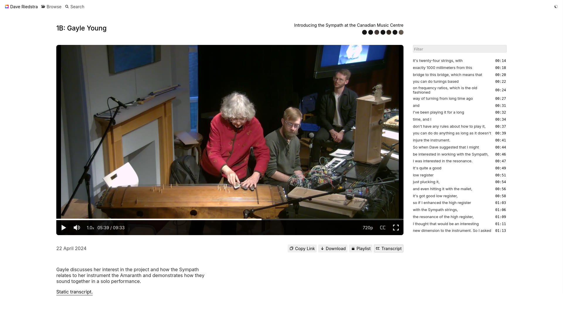 Screenshot of Dave Riedstra's Hyper 8 video page, featuring a video called '1B Gayle Young'