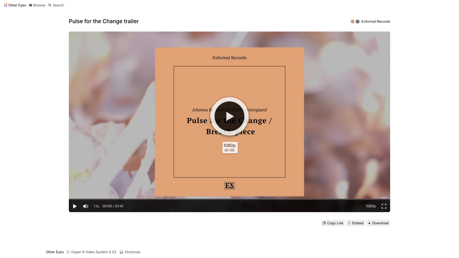 Screenshot of a minimalistic Hyper 8 video page: In the center a video player with controls, in the top left the title and navigation, below the video a 'Copy Link', 'Embed' and 'Download' button.