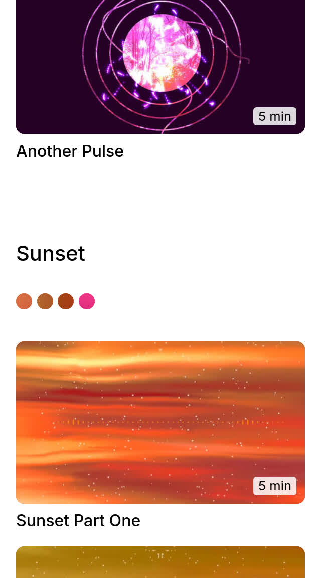 A mobile browser viewport showing three pink/yellow-toned video thumbnails. Each thumbnail mentions the video duration (e.g. '5min')