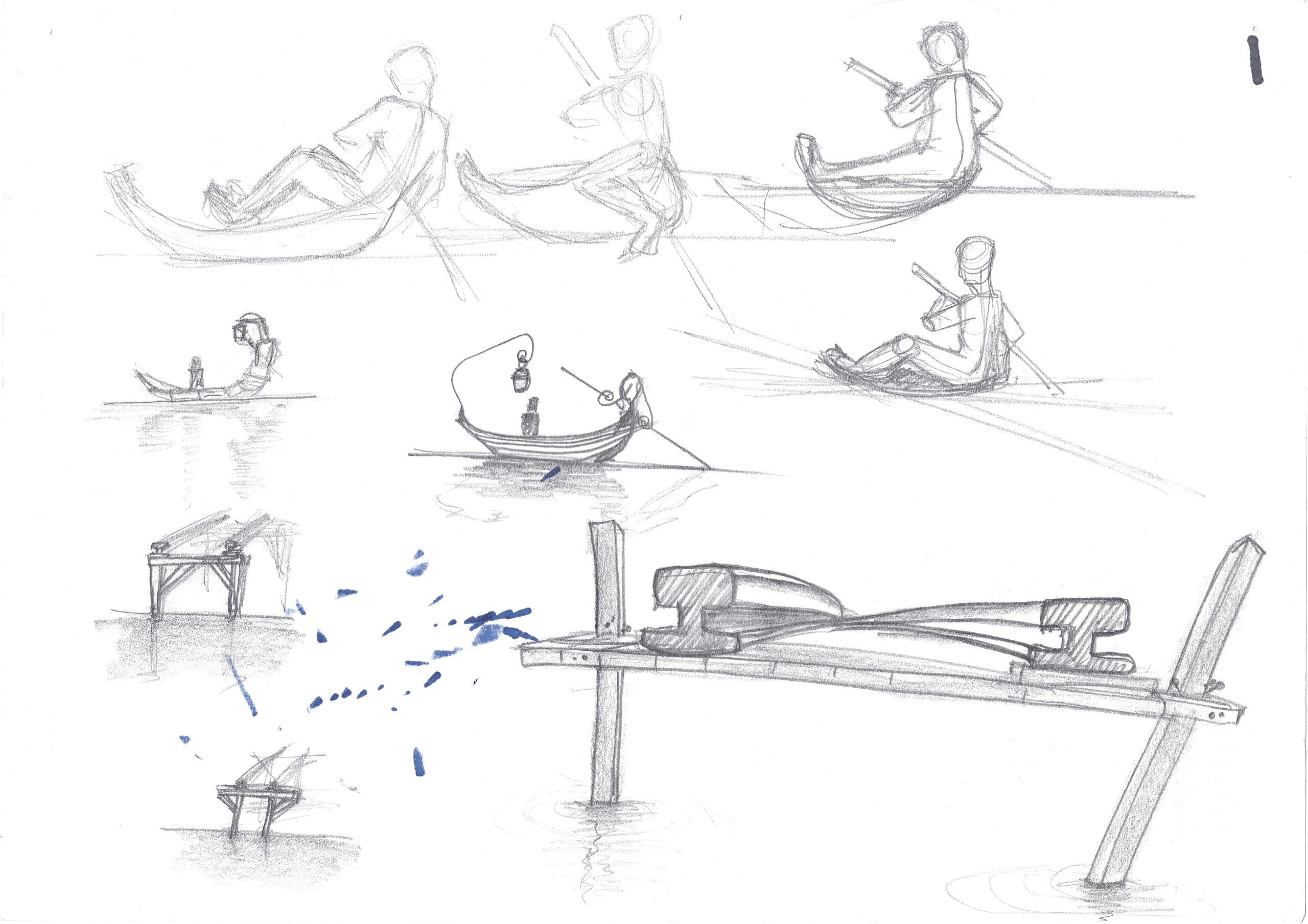 An A4 sheet with various pencil sketches of a person rowing a boat and rails on stilts terminating suddenly
