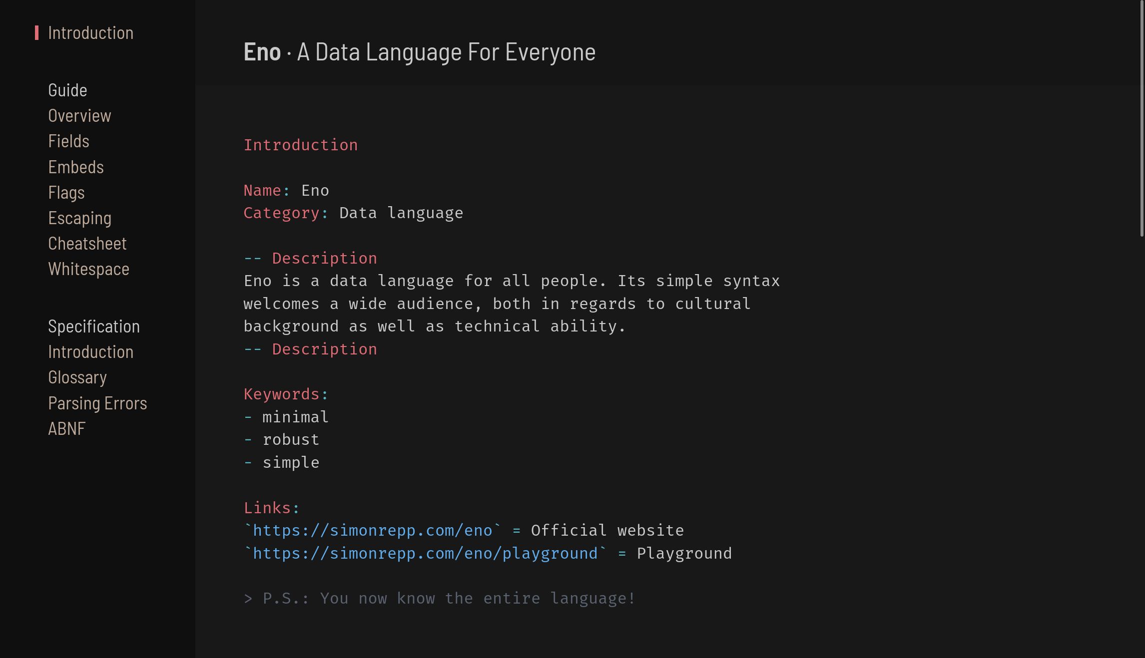 A screenshot of an eno document, opened in a code editor