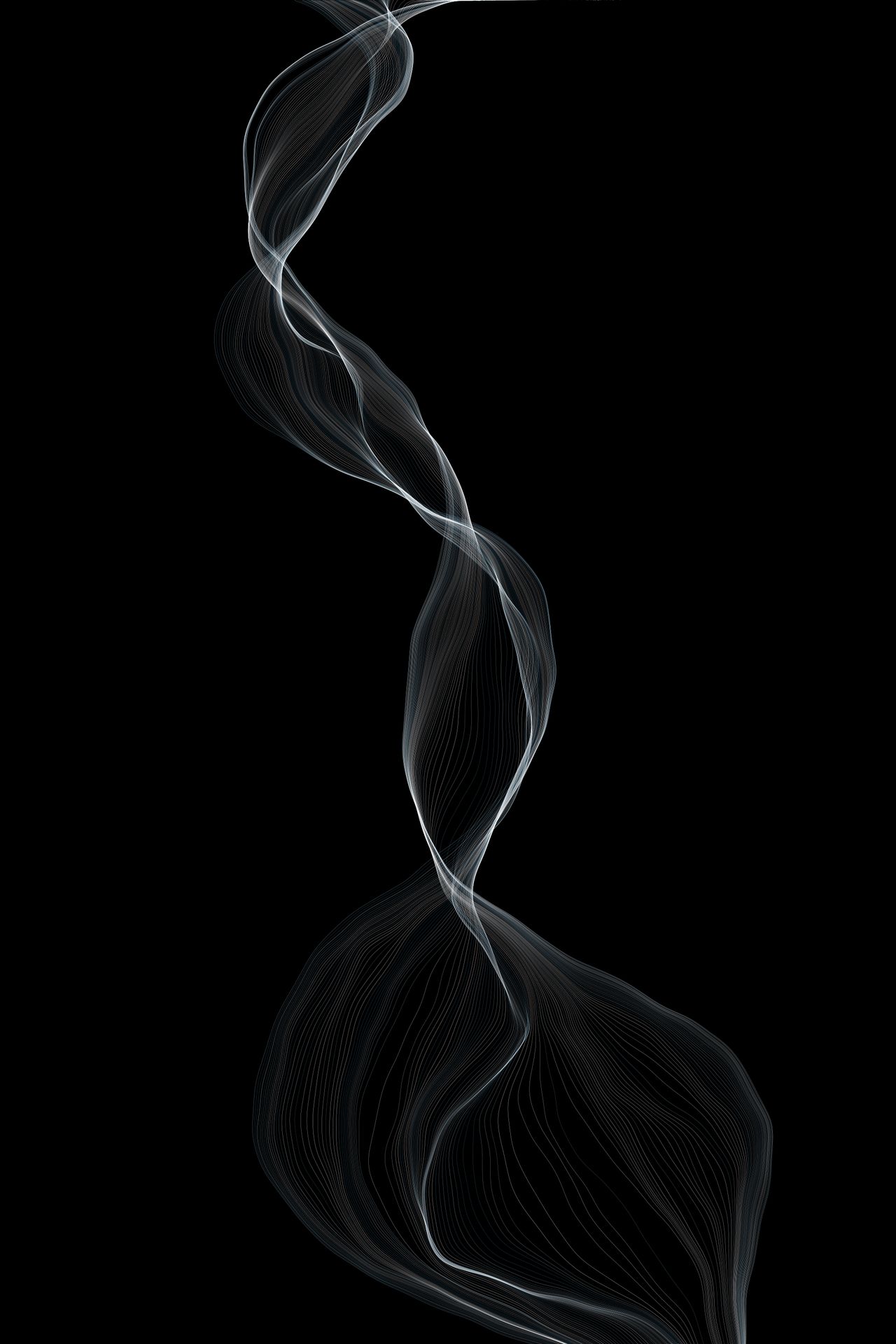 Hundreds of very fine lines in subtle brown/gray tones against a black background. The lines are running vertically, following a gentle left-to-right drift from top to bottom, with some intermediate, more local undulations in between. In some places many lines overlap closely, combining into a thicker, pronounced white band. In some areas, especially towards the bottom, the lines fan out widely, leaving ample space between each of them.