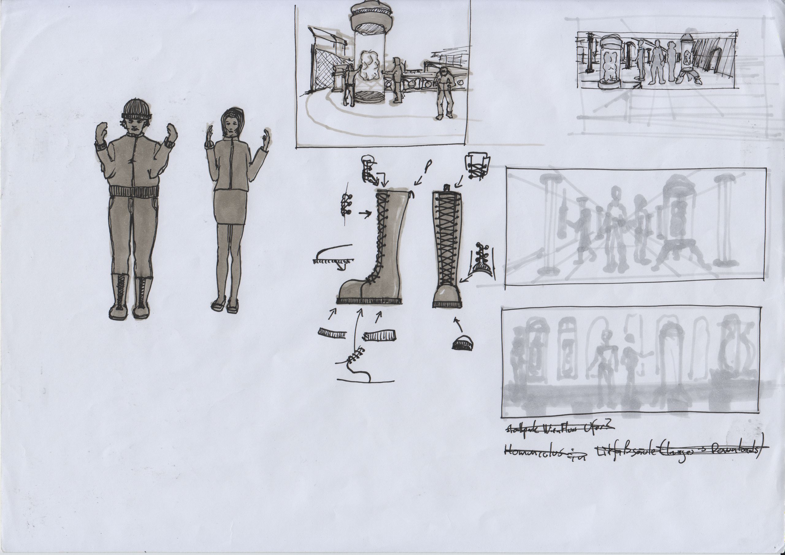Various marker and ink sketches: A warmly clad man and woman holding up their hands, Laced boots, thumbnails of people standing around huge water tanks containing a bulbuous form