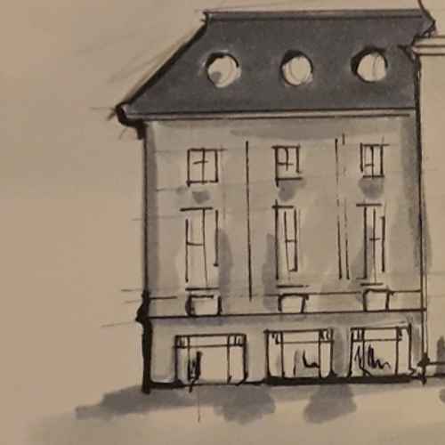 One wing of the Konzerthaus building in Vienna, sketched with ink and marker on beige tinted paper