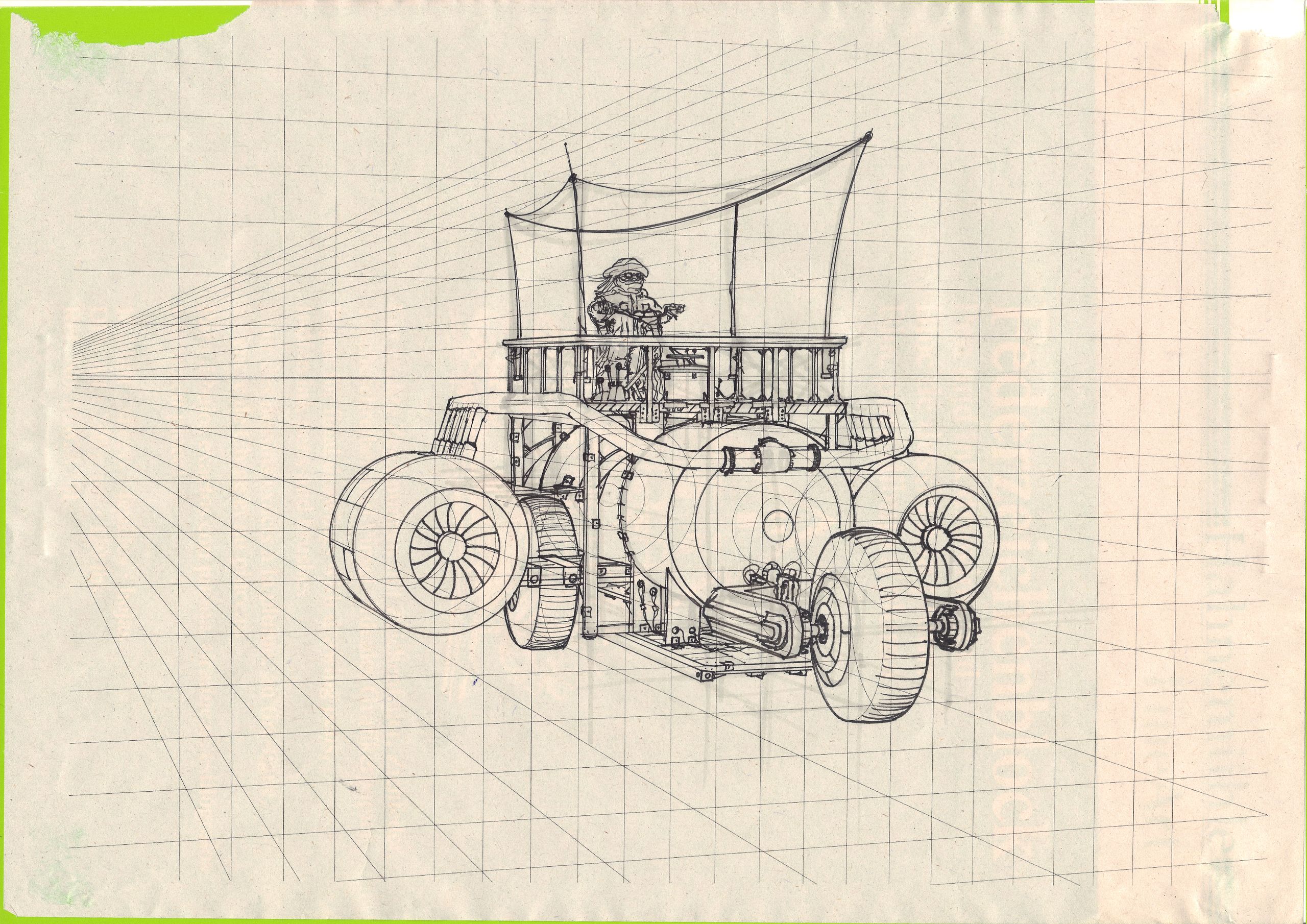 An ink sketch of an oilpunk-style trike with a round gas tank and airplane engines, a hooded rider on top, perspective grid superimposed