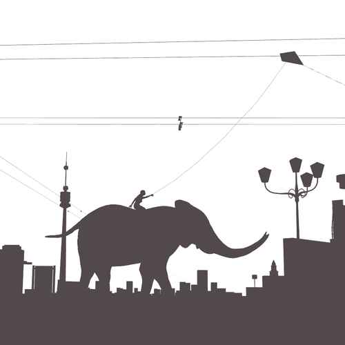 A grey-on-white silhouette rendering of an elephant running through a cityscape, on its back a person holding a kite