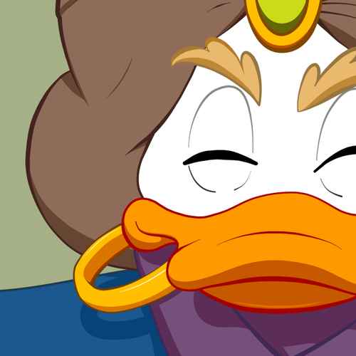 A close up of a colorful Disney-style duck, the duck wears an ear ring and a turban and has their eyes close intently