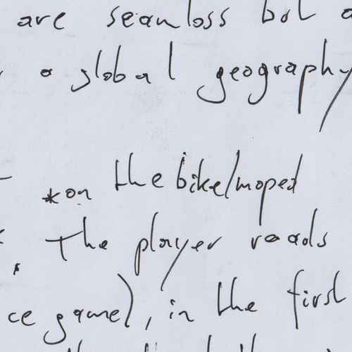 Scribbled notes on paper, in the middle a phrase reads "*on the bike/moped"