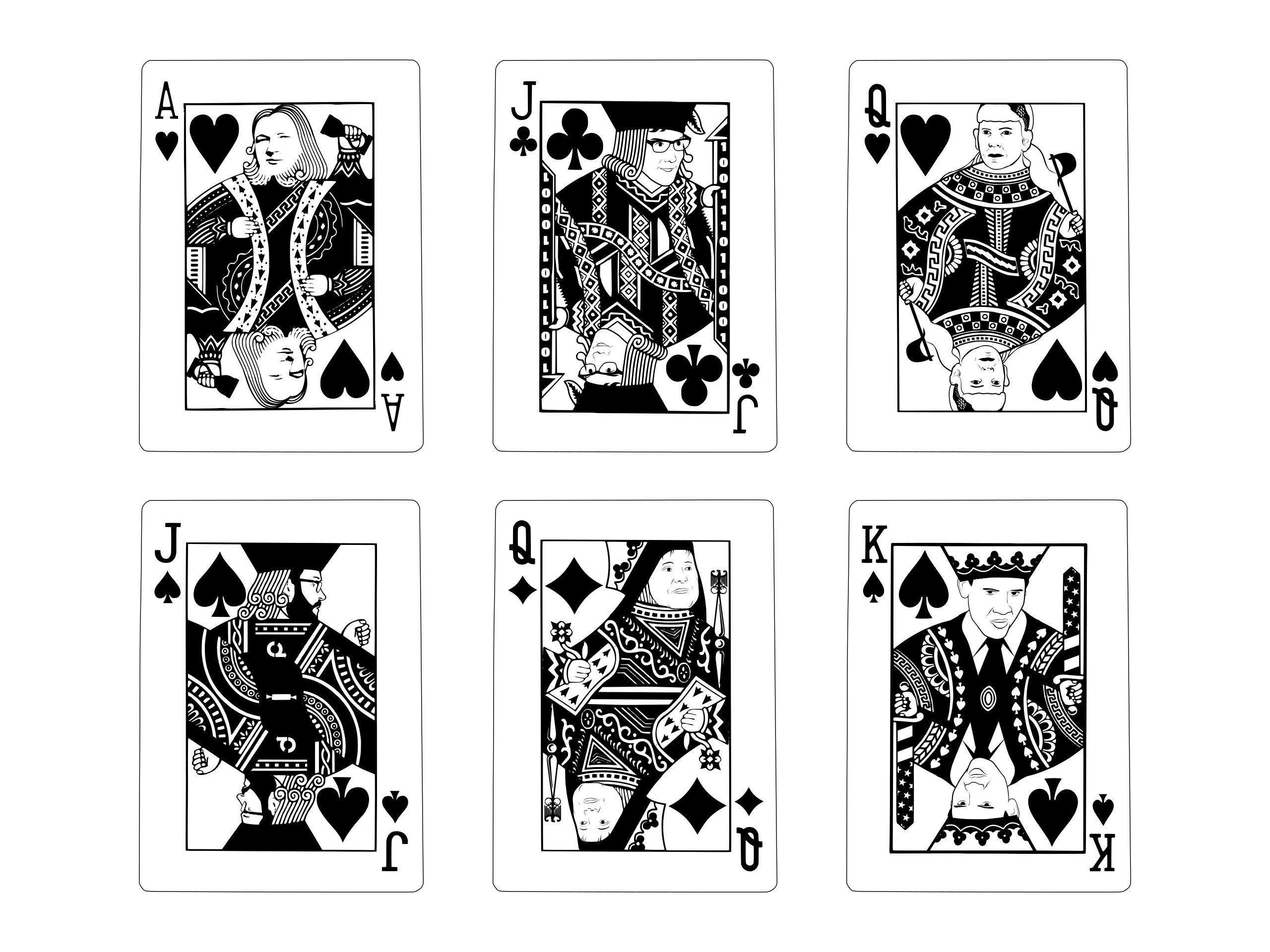 6 playing cards depicting Julian Assange, Jacob Appelbaum, Birgitta Jónsdóttir, Daniel Domscheit-Berg, Angela Merkel and Barack Obama as black jacks, queens and kings