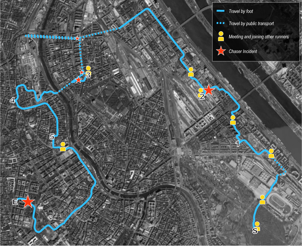 A map showing a blue trail through Vienna's 2nd, 20th, 9th and 1st district. Some points along the way are marked as "Travel by foot", "Travel by public transport", "Meeting and joining other runners", and "Chaser Incident"