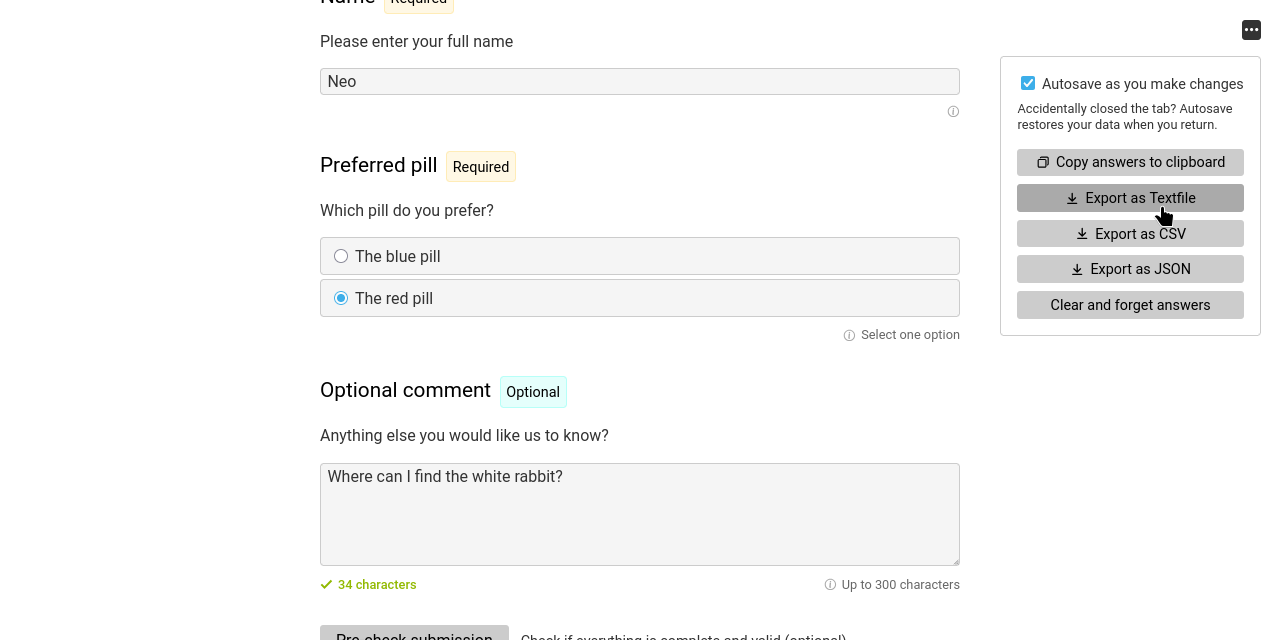Screenshot of an online form featuring single line, select and multiline input fields, as well as a menu for clearing or exporting the answers in different formats